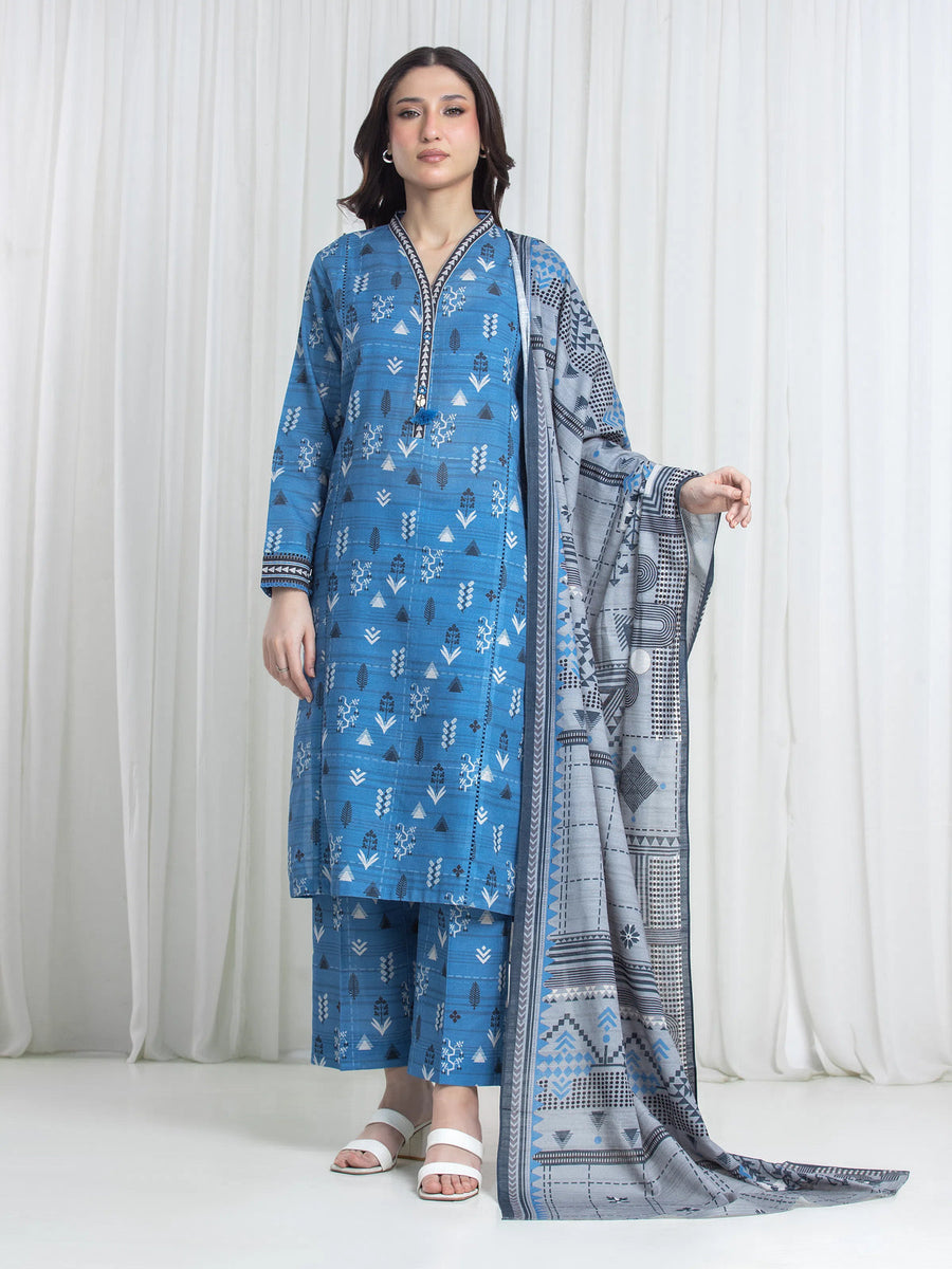 Edenrobe Blue Printed Khaddar Suit Image 1