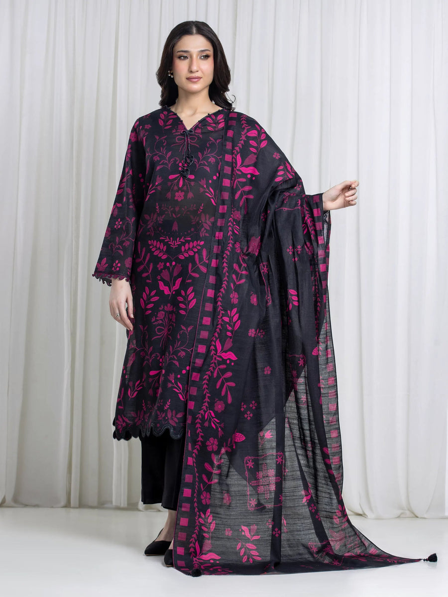 Edenrobe Black Printed Khaddar Suit 3 Piece Unstitched – Image 1