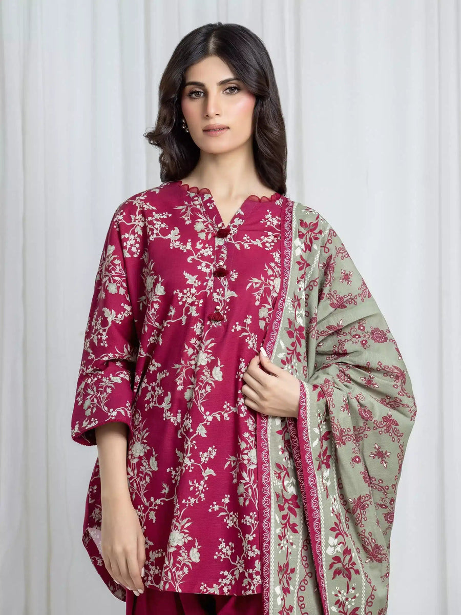 Edenrobe Dark Pink Printed Khaddar Suit 3 Piece Unstitched – Image 2