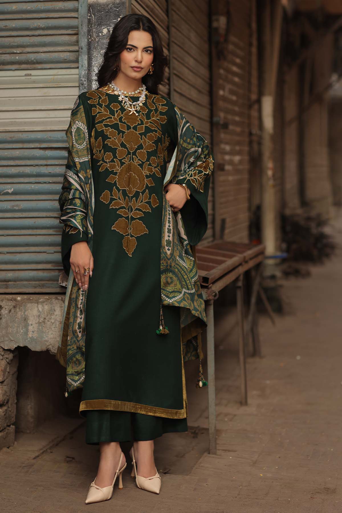 Peach leather 3-piece unstitched suit CSL6-04 – front view