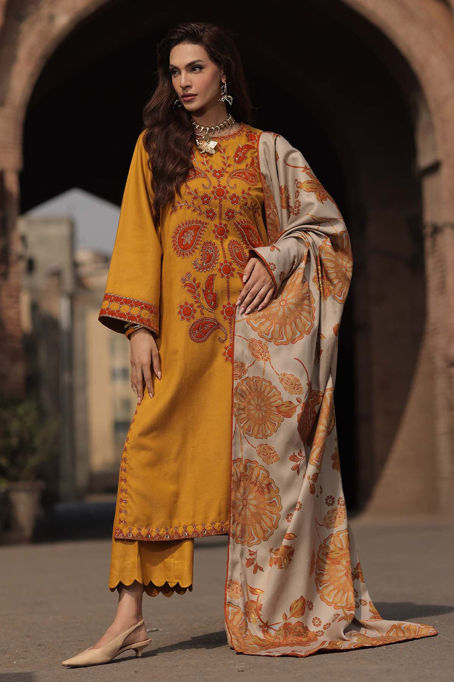 Peach leather 3-piece unstitched suit CSL6-07 – front view