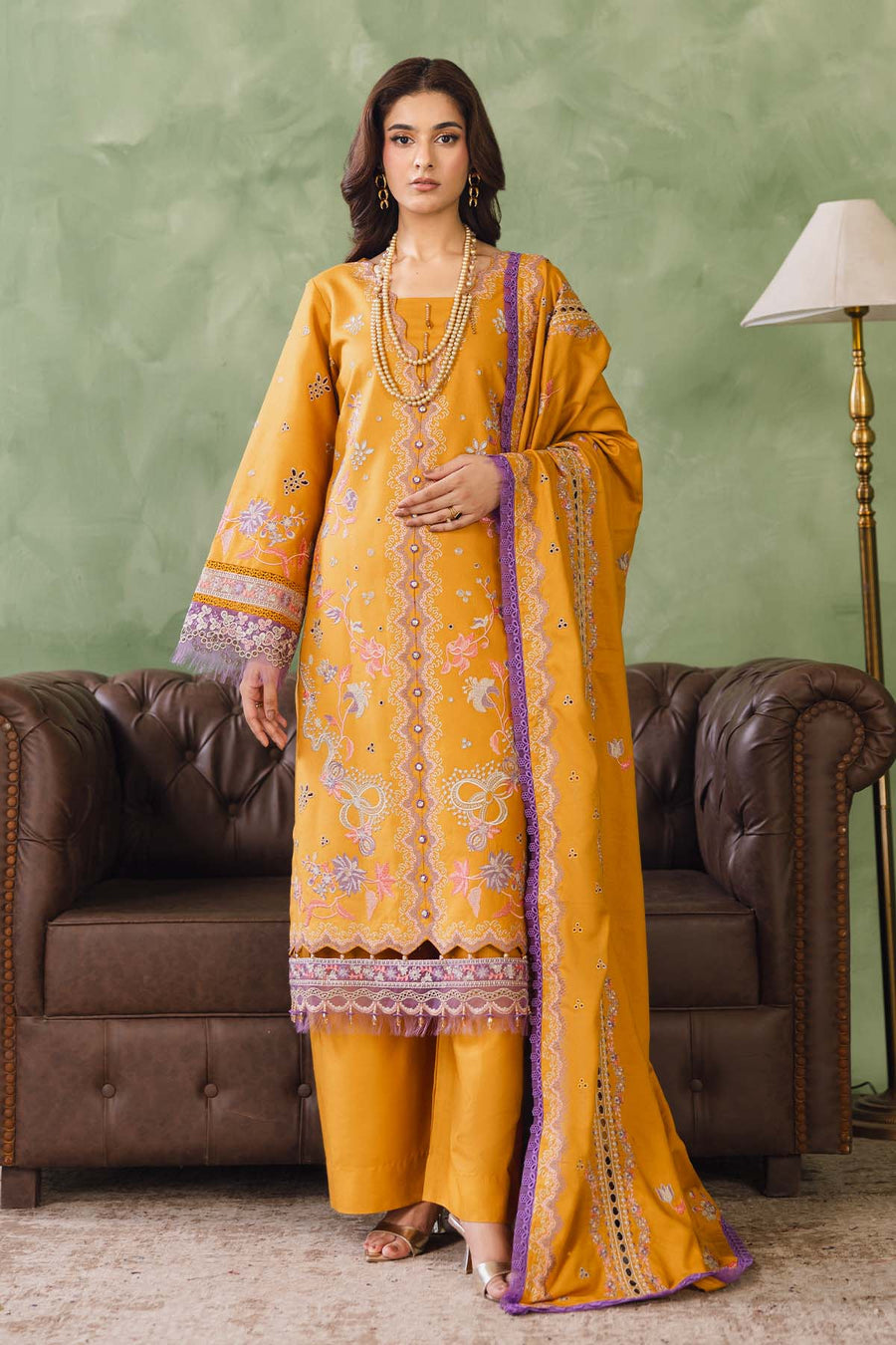 Peridot Cotray 598-A Unstitched 3-Piece Embroidered Slub Linen Suit - Al-Zafar Fabrics