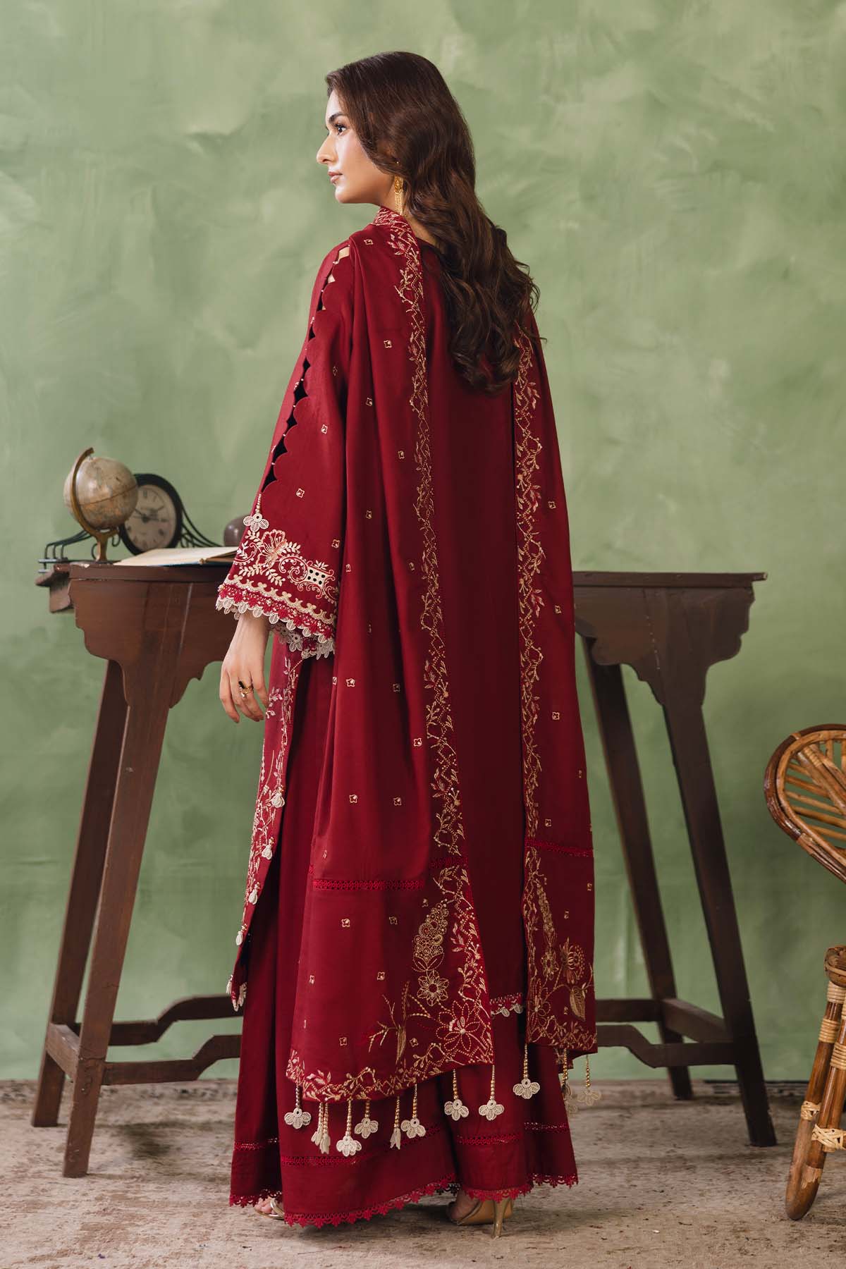 Peridot Cotray 596-A Unstitched 3-Piece Embroidered Slub Linen Suit - Al-Zafar Fabrics