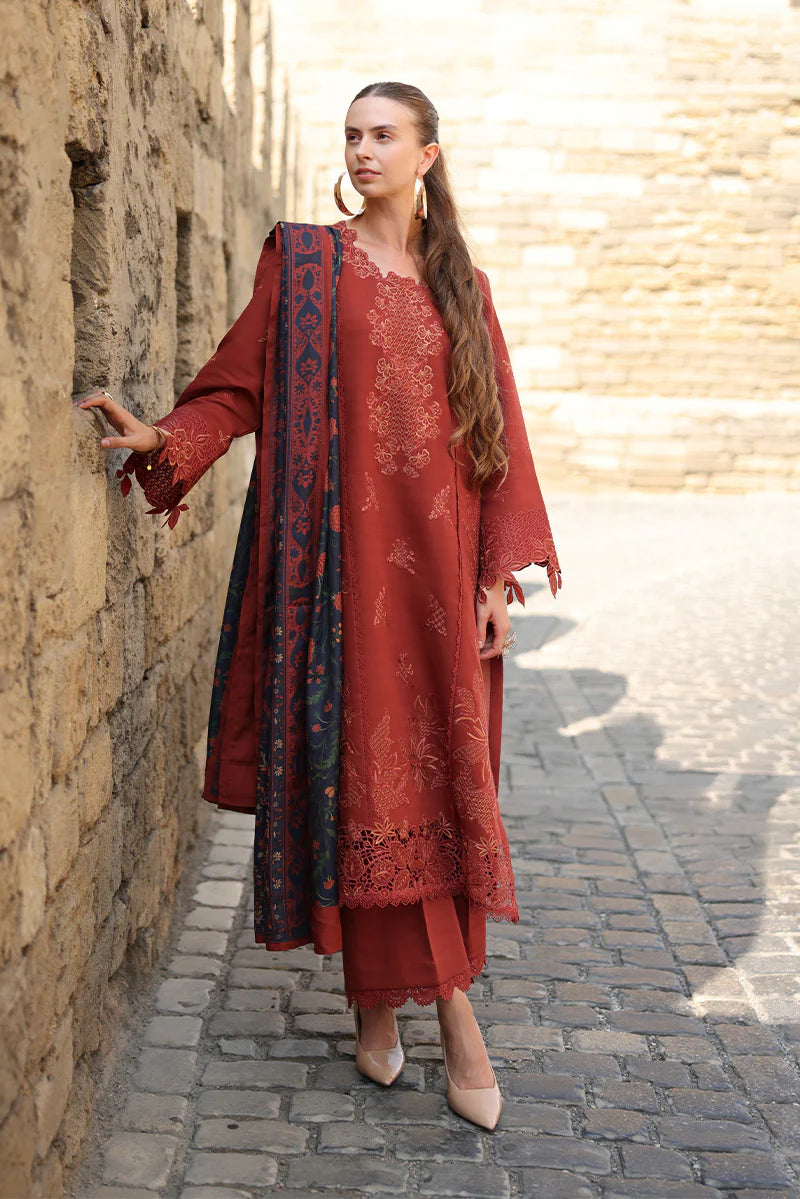 Rang Rasiya Carnation 3Pc Embroidered Linen Suit D-14 Cardamom - Al-Zafar Fabrics