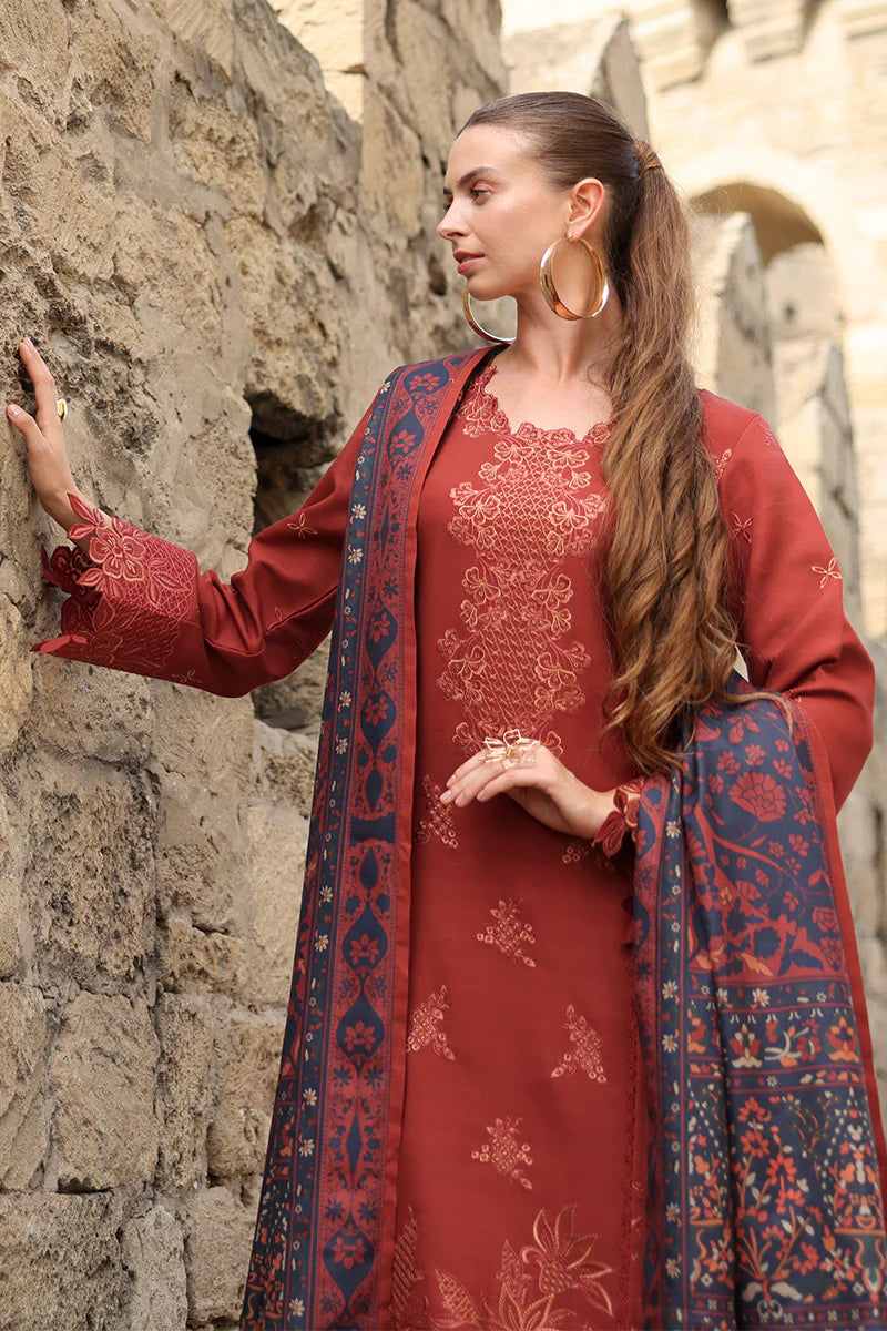 Rang Rasiya Carnation 3Pc Embroidered Linen Suit D-14 Cardamom - Al-Zafar Fabrics