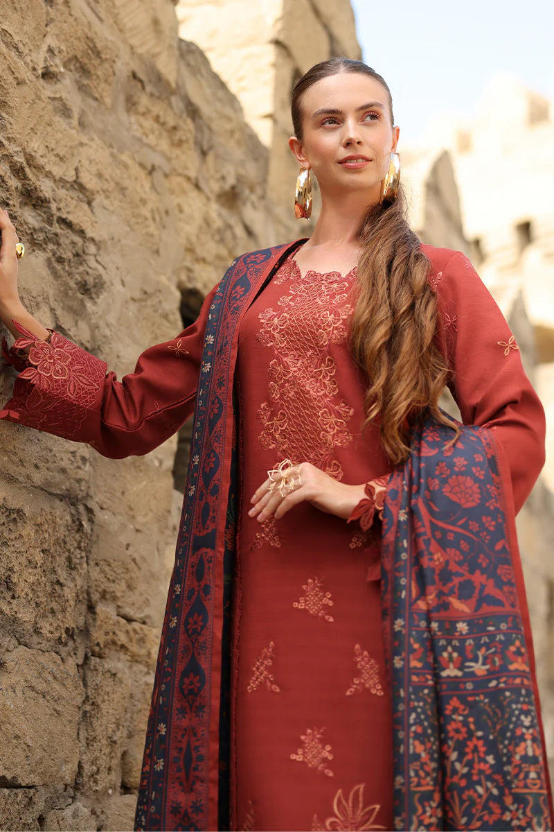 Rang Rasiya Carnation 3Pc Embroidered Linen Suit D-14 Cardamom - Al-Zafar Fabrics