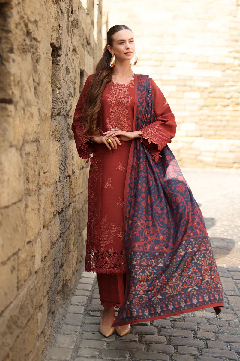 Rang Rasiya Carnation 3Pc Embroidered Linen Suit D-14 Cardamom - Al-Zafar Fabrics