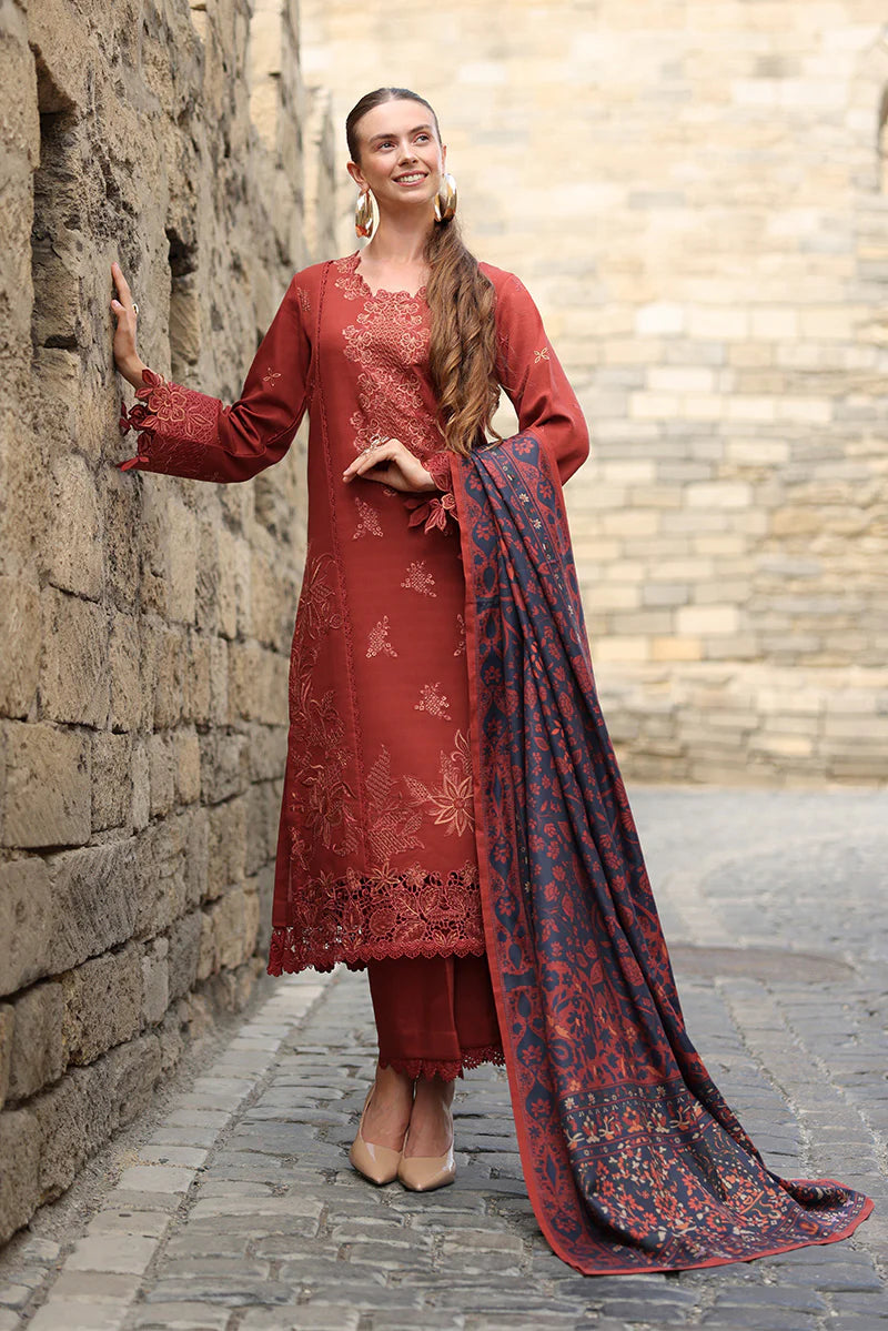 Rang Rasiya Carnation 3Pc Embroidered Linen Suit D-14 Cardamom - Al-Zafar Fabrics