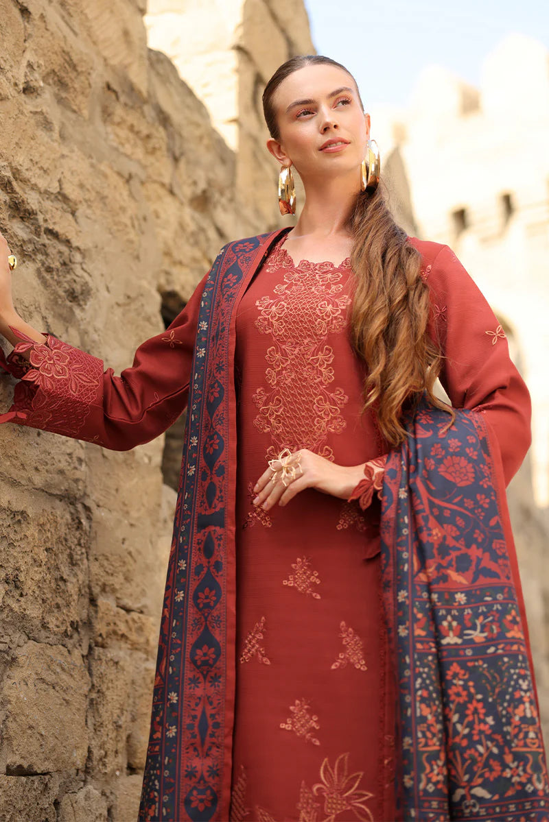 Rang Rasiya Carnation 3Pc Embroidered Linen Suit D-14 Cardamom - Al-Zafar Fabrics