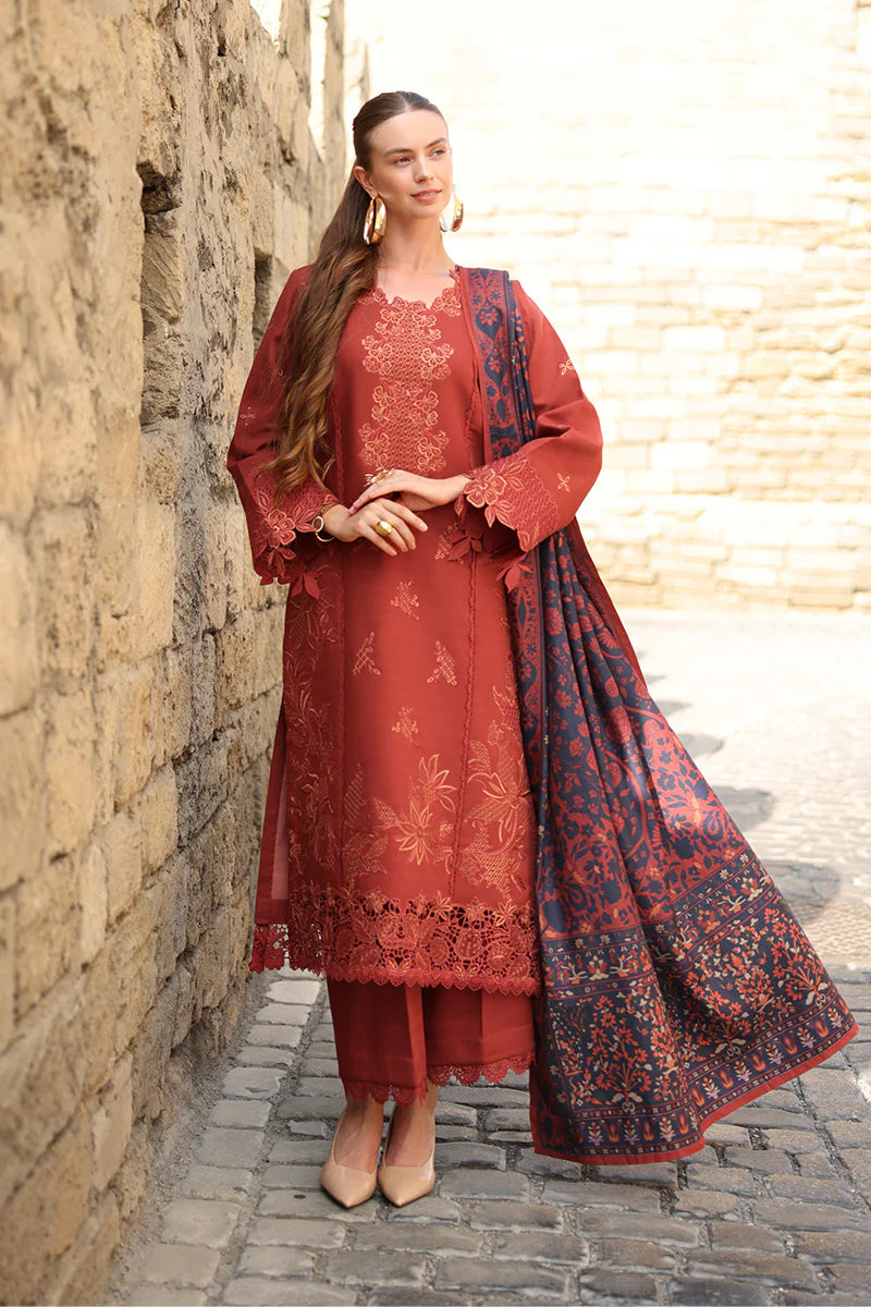 Rang Rasiya Carnation 3Pc Embroidered Linen Suit D-14 Cardamom - Al-Zafar Fabrics