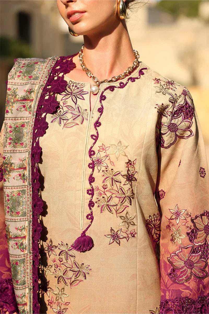 Rang Rasiya Carnation 3Pc Embroidered Linen Suit D-10 Chai - Al-Zafar Fabrics