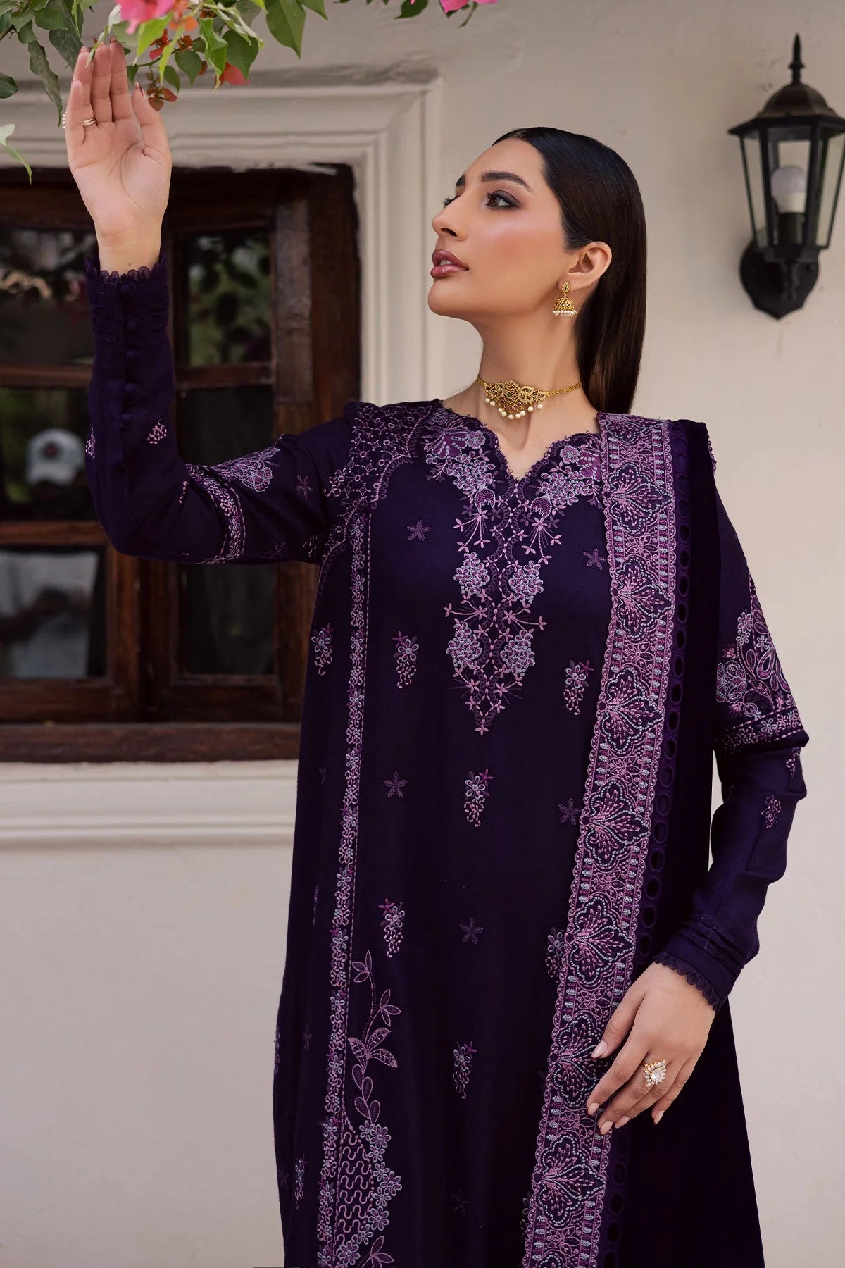 NUREH Exclusive Embroidered Leather Peach Unstitched 3Pc Suit NE-198 - Al-Zafar Fabrics