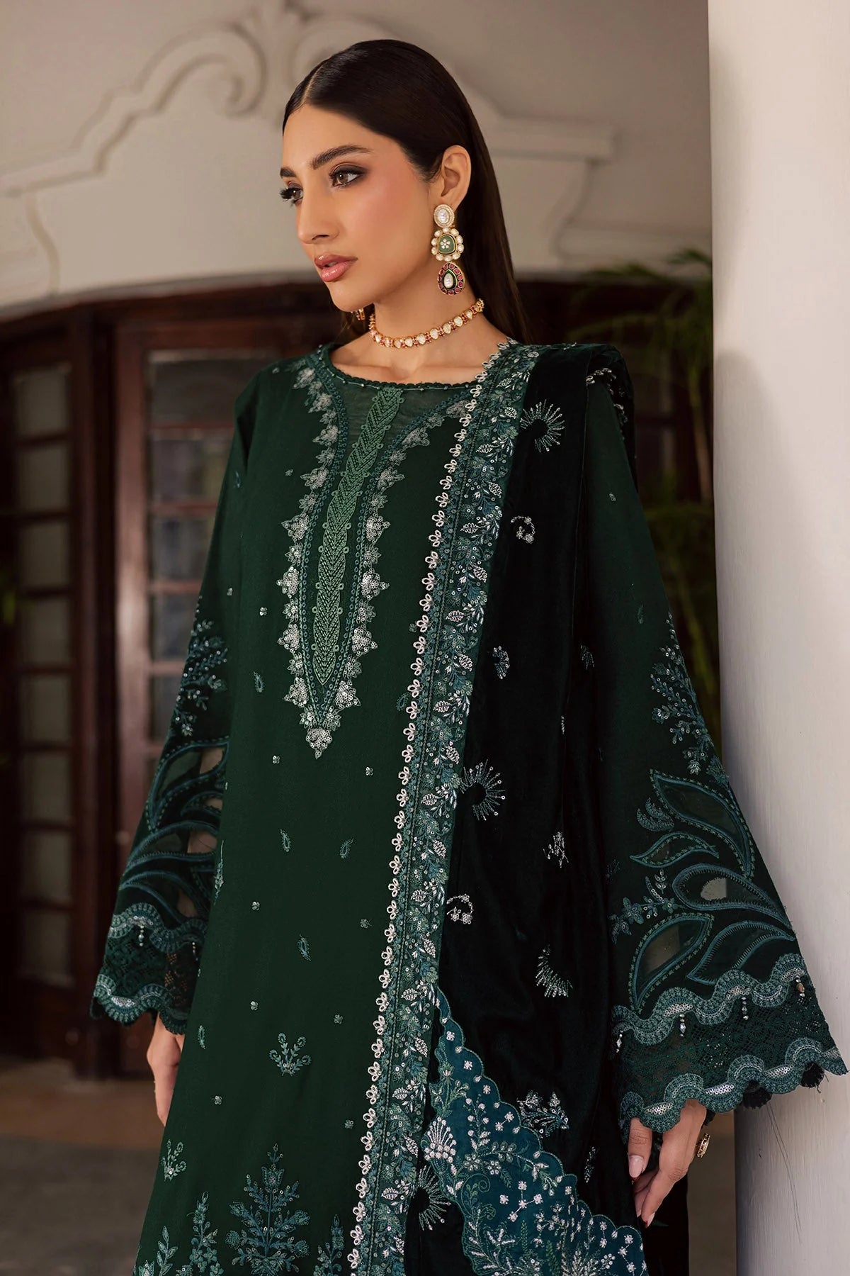 NUREH Exclusive Embroidered Leather Peach Unstitched 3Pc Suit NE-199 - Al-Zafar Fabrics