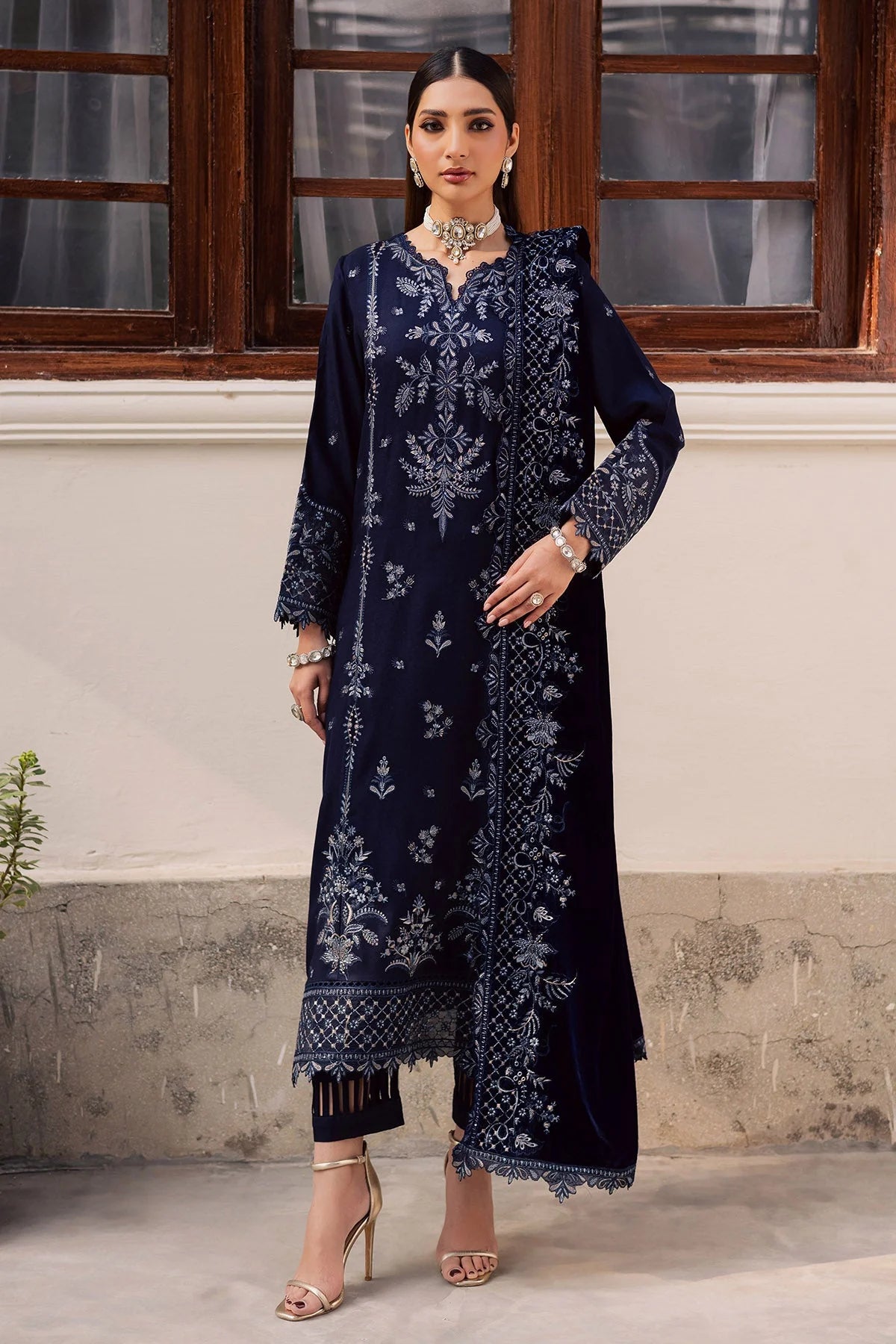 NUREH Exclusive Embroidered Leather Peach Unstitched 3Pc Suit NE-200 - Al-Zafar Fabrics