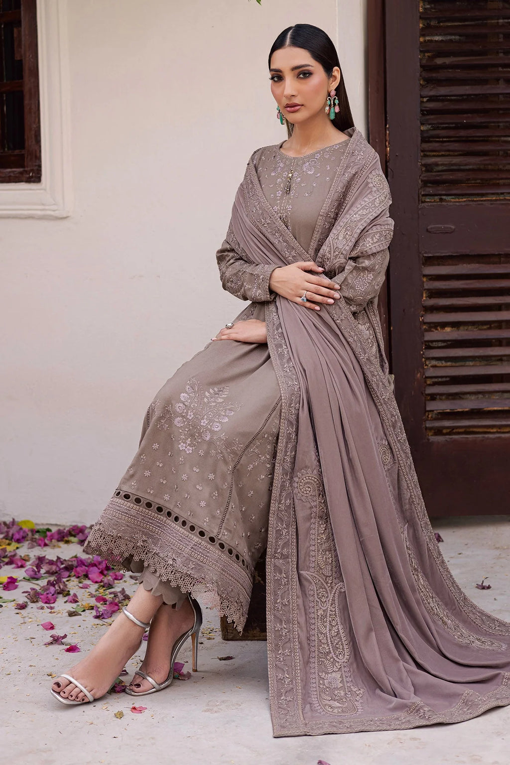 NUREH Exclusive Embroidered Leather Peach Unstitched 3Pc Suit NE-201 - Al-Zafar Fabrics