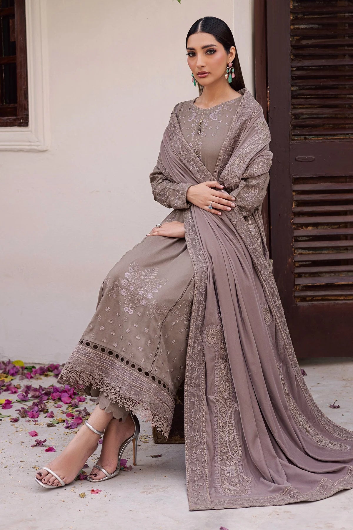 NUREH Exclusive Embroidered Leather Peach Unstitched 3Pc Suit NE-201 - Al-Zafar Fabrics