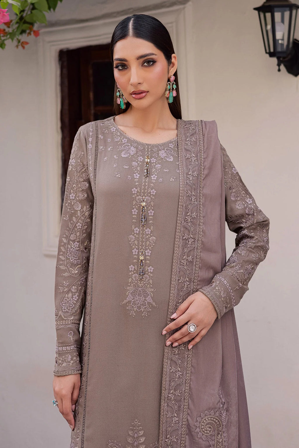 NUREH Exclusive Embroidered Leather Peach Unstitched 3Pc Suit NE-201 - Al-Zafar Fabrics