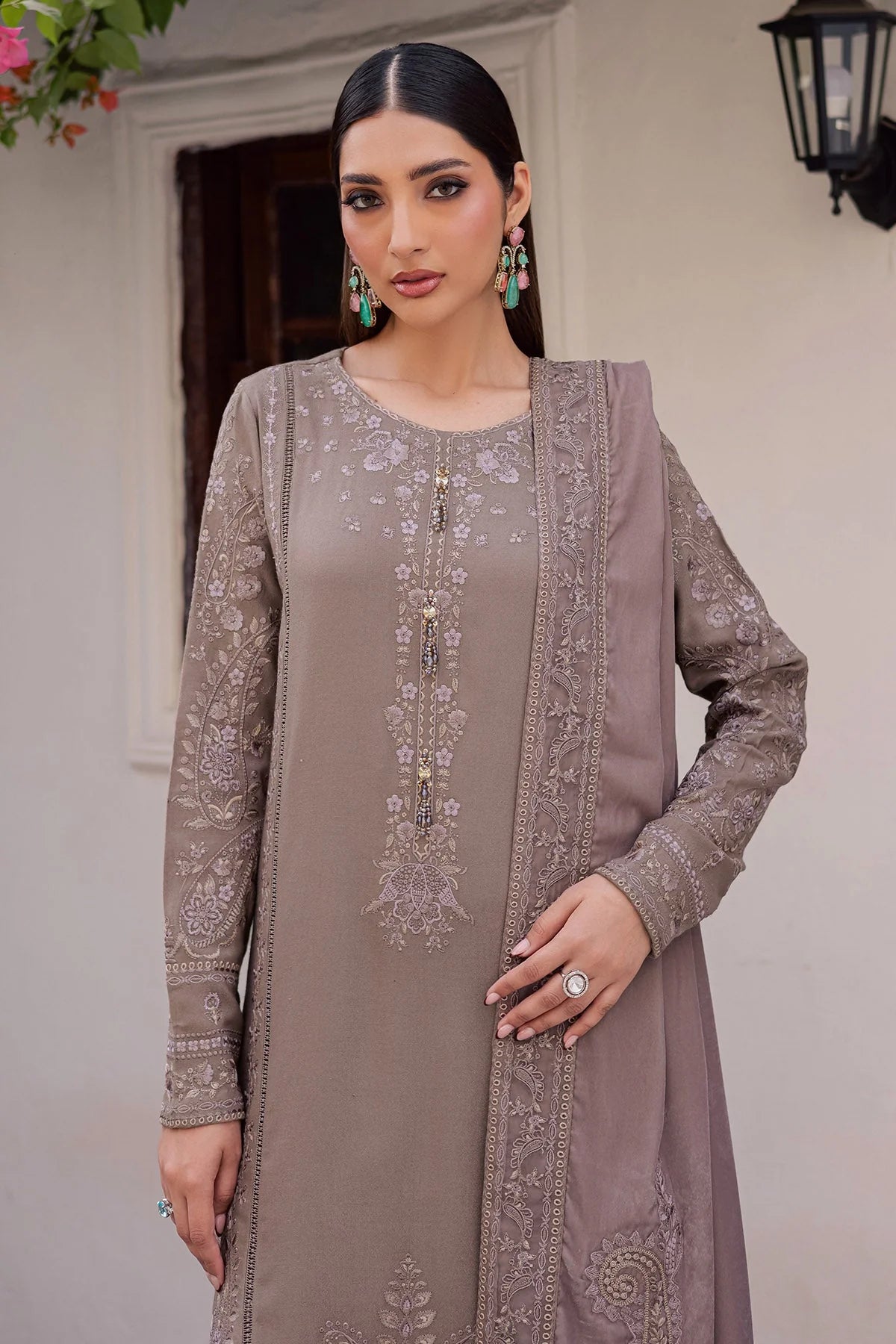 NUREH Exclusive Embroidered Leather Peach Unstitched 3Pc Suit NE-201 - Al-Zafar Fabrics