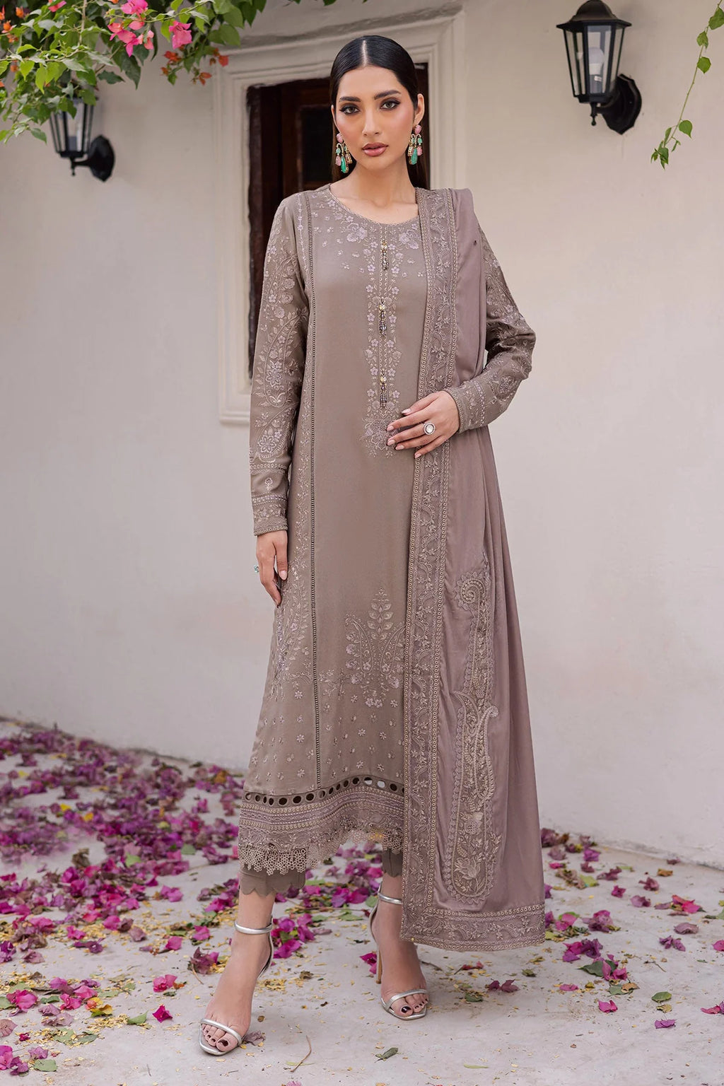 NUREH Exclusive Embroidered Leather Peach Unstitched 3Pc Suit NE-201 - Al-Zafar Fabrics