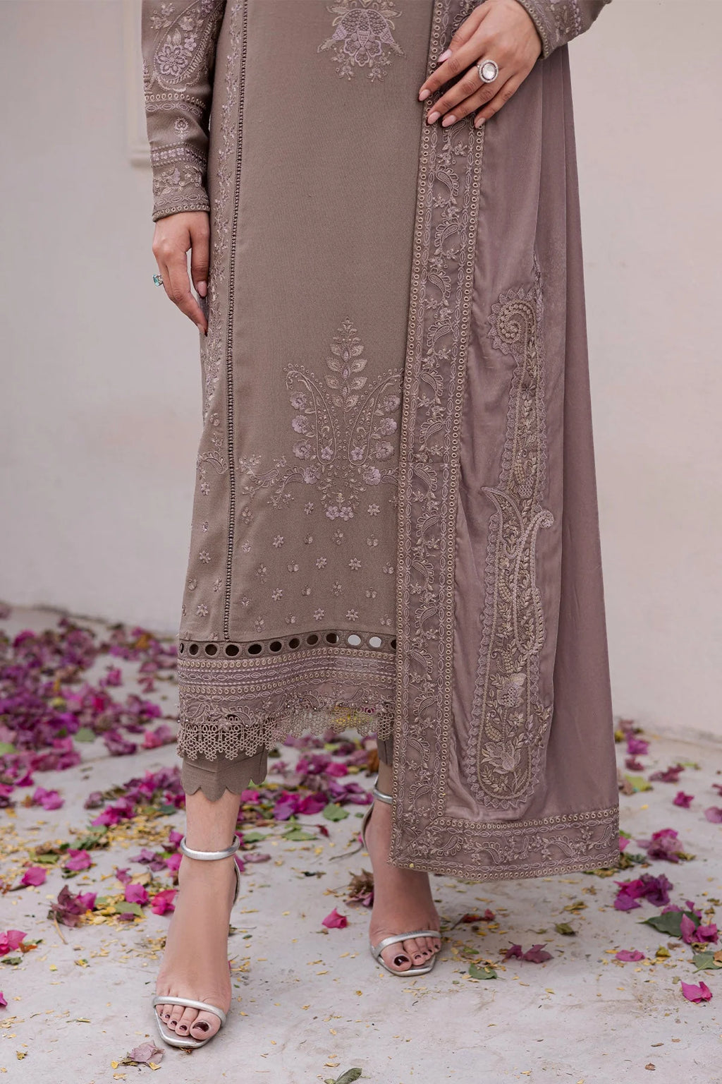 NUREH Exclusive Embroidered Leather Peach Unstitched 3Pc Suit NE-201 - Al-Zafar Fabrics