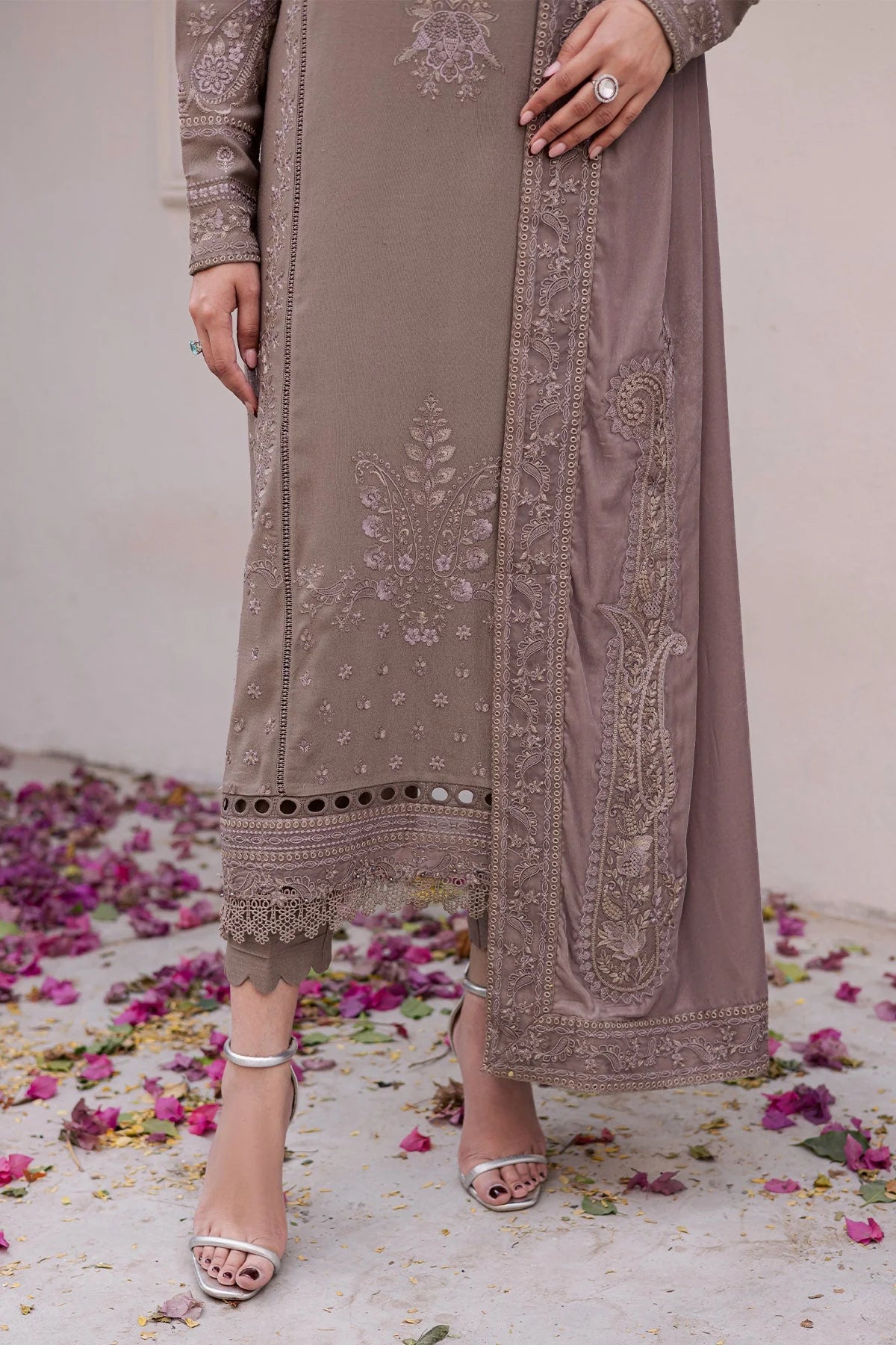 NUREH Exclusive Embroidered Leather Peach Unstitched 3Pc Suit NE-201 - Al-Zafar Fabrics
