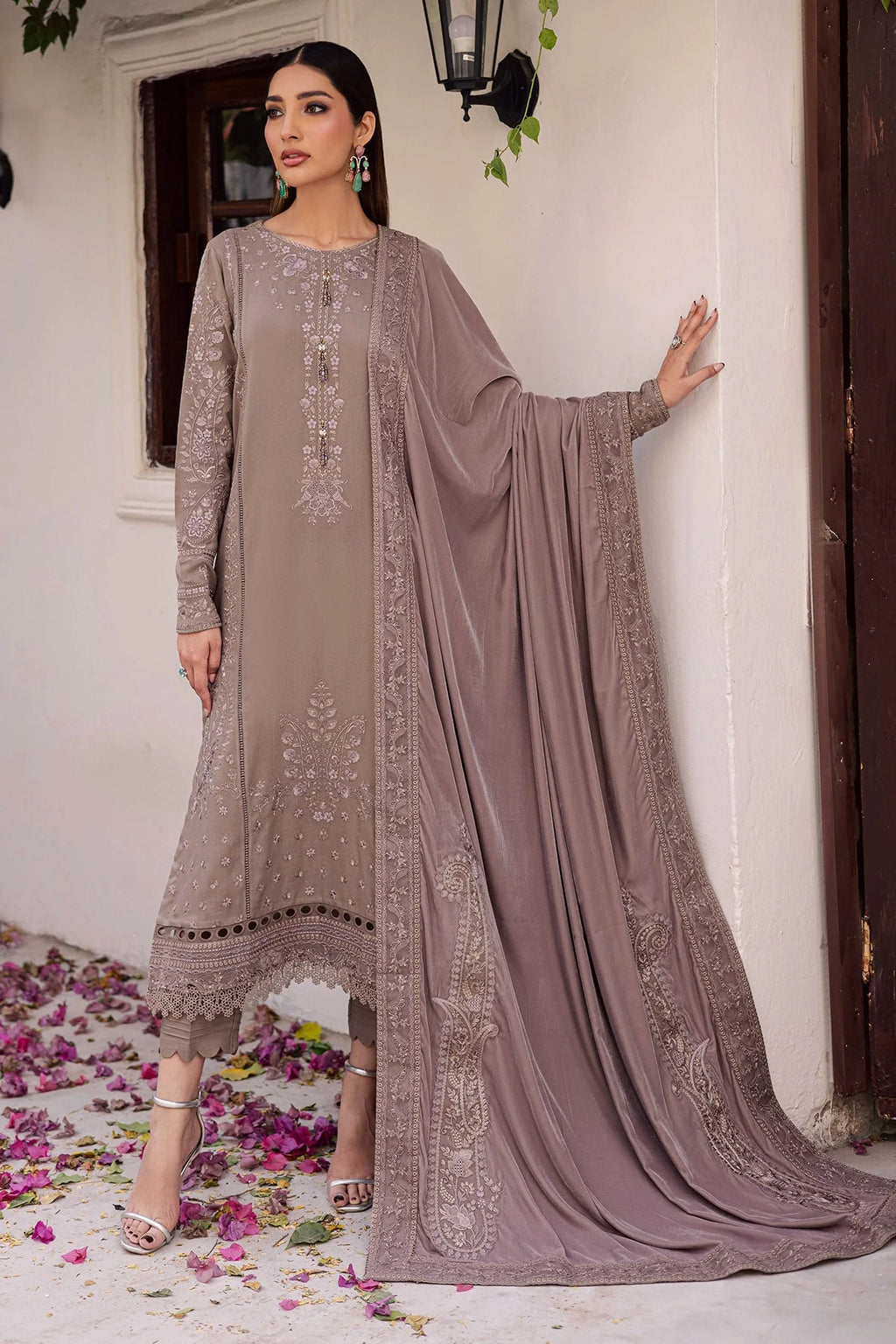 NUREH Exclusive Embroidered Leather Peach Unstitched 3Pc Suit NE-201 - Al-Zafar Fabrics