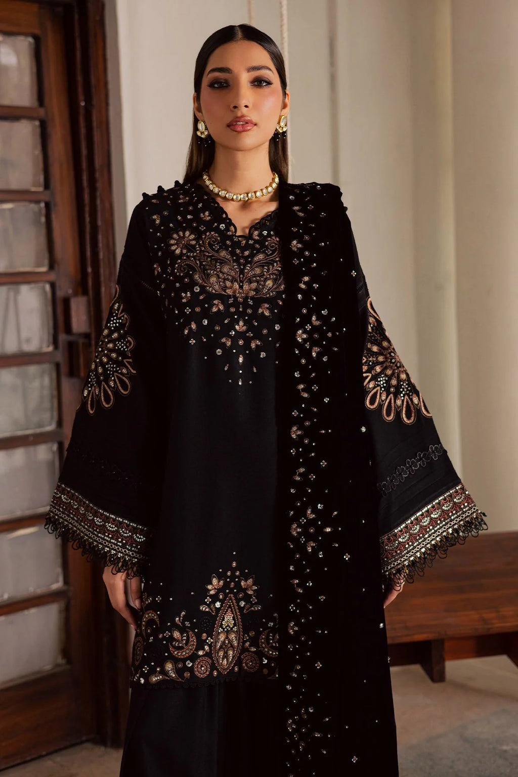 NUREH Exclusive Embroidered Leather Peach Unstitched 3Pc Suit NE-202 - Al-Zafar Fabrics