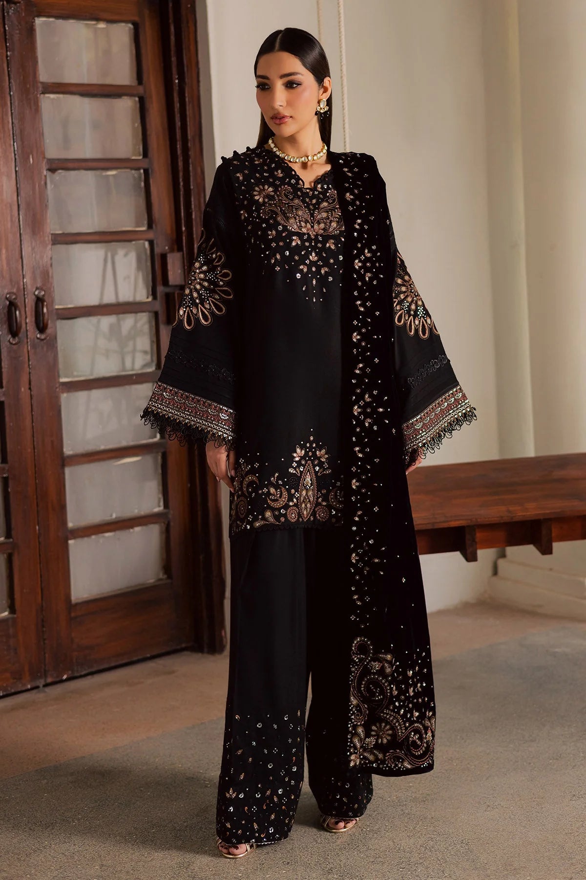 NUREH Exclusive Embroidered Leather Peach Unstitched 3Pc Suit NE-202 - Al-Zafar Fabrics