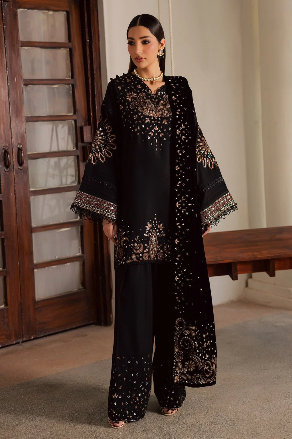 NUREH Exclusive Embroidered Leather Peach Unstitched 3Pc Suit NE-202 - Al-Zafar Fabrics