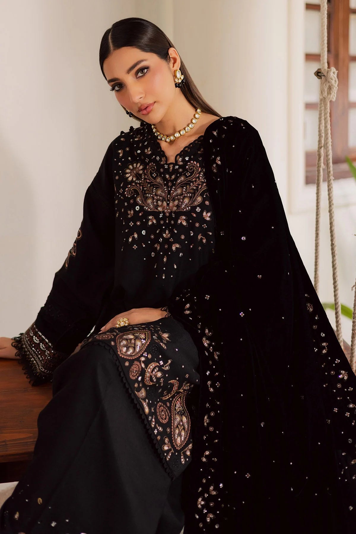 NUREH Exclusive Embroidered Leather Peach Unstitched 3Pc Suit NE-202 - Al-Zafar Fabrics