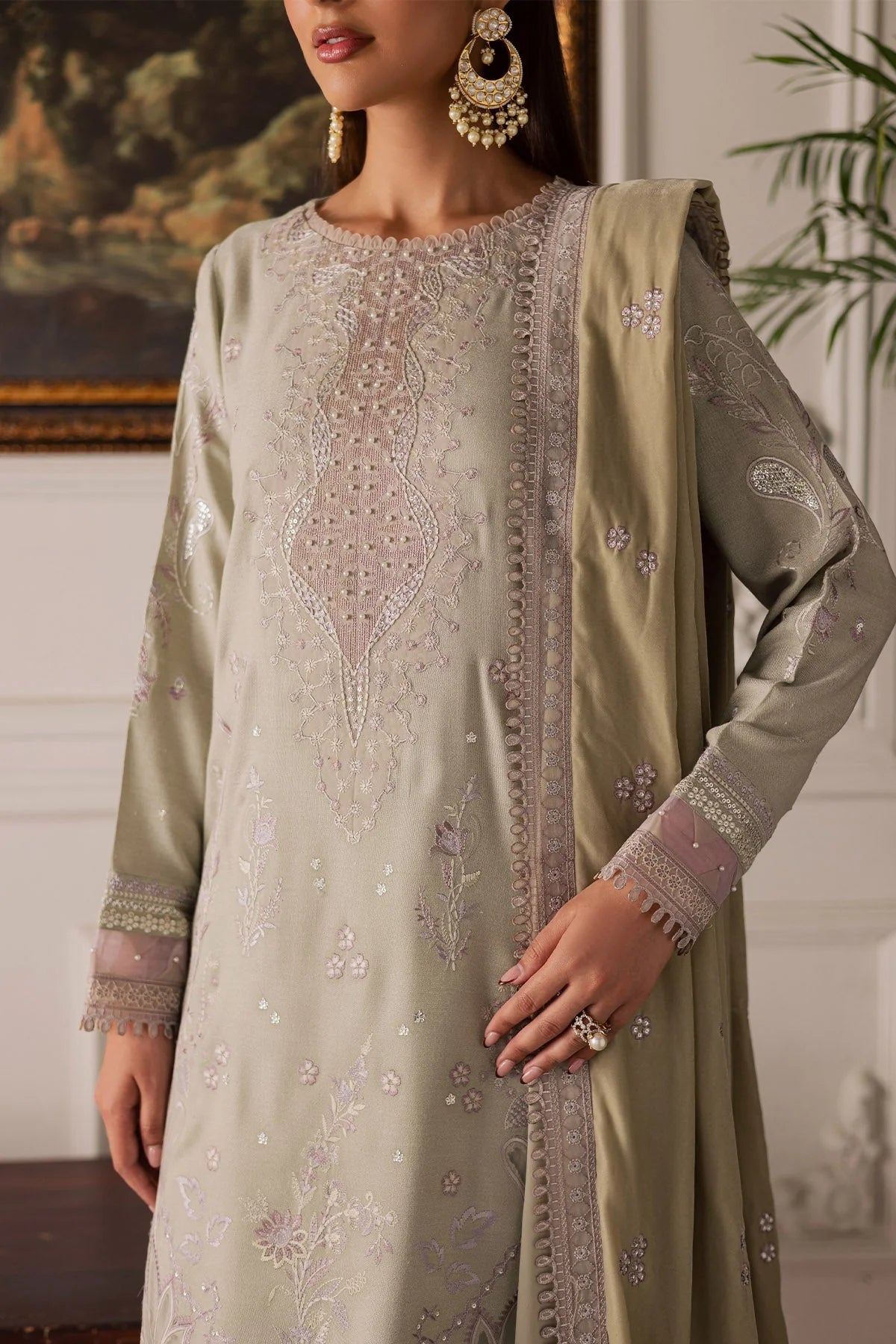 NUREH Exclusive Embroidered Leather Peach Unstitched 3Pc Suit NE-203 - Al-Zafar Fabrics