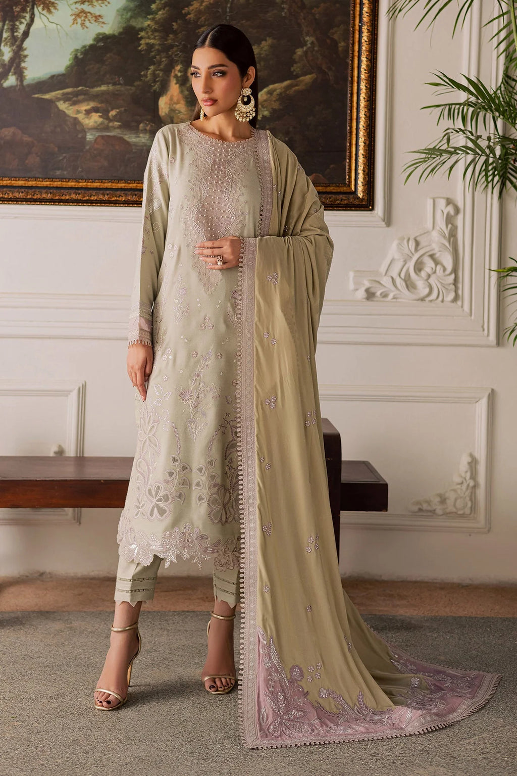 NUREH Exclusive Embroidered Leather Peach Unstitched 3Pc Suit NE-203 - Al-Zafar Fabrics