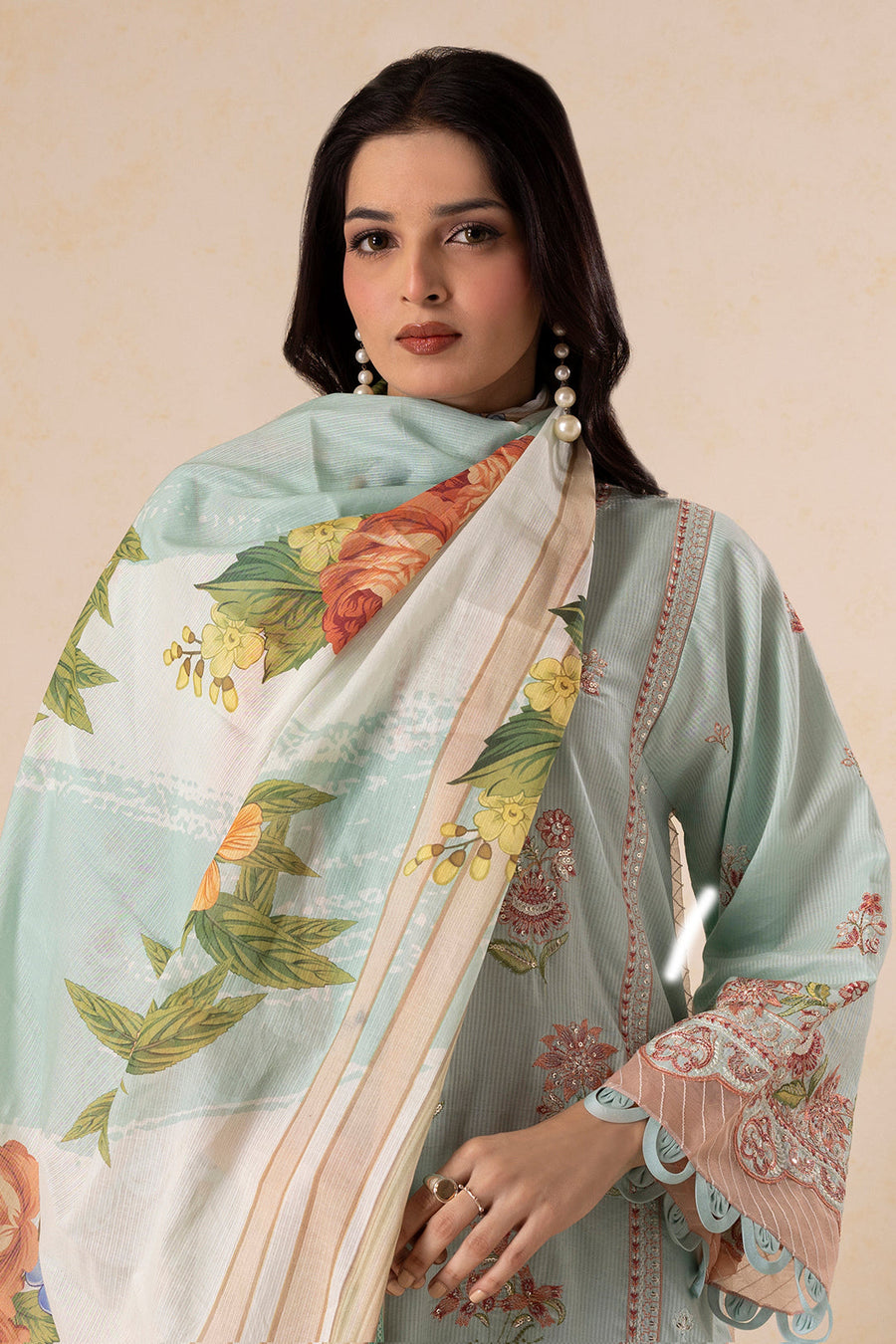 Zellbury mint blue embroidered lawn 3 piece unstitched suit WUS25E30612, image 1