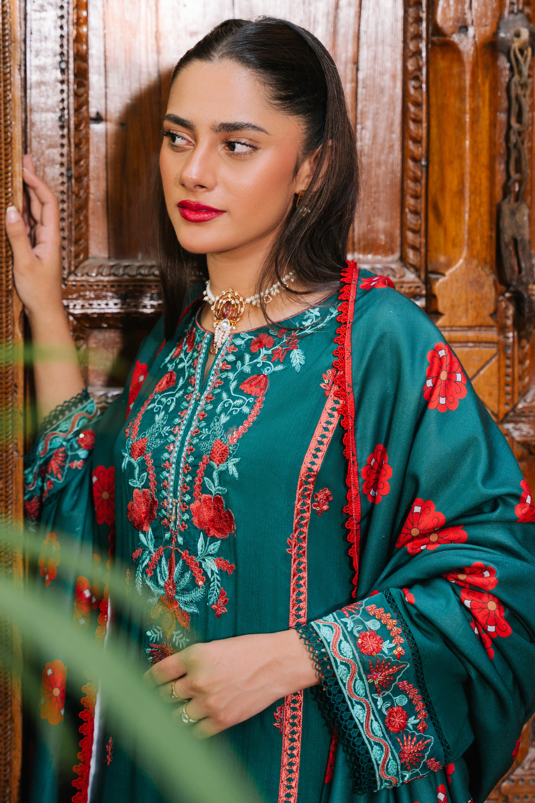 Zellbury teal green with red floral embroidery unstitched 3 piece suit WUW24E30243 image 1
