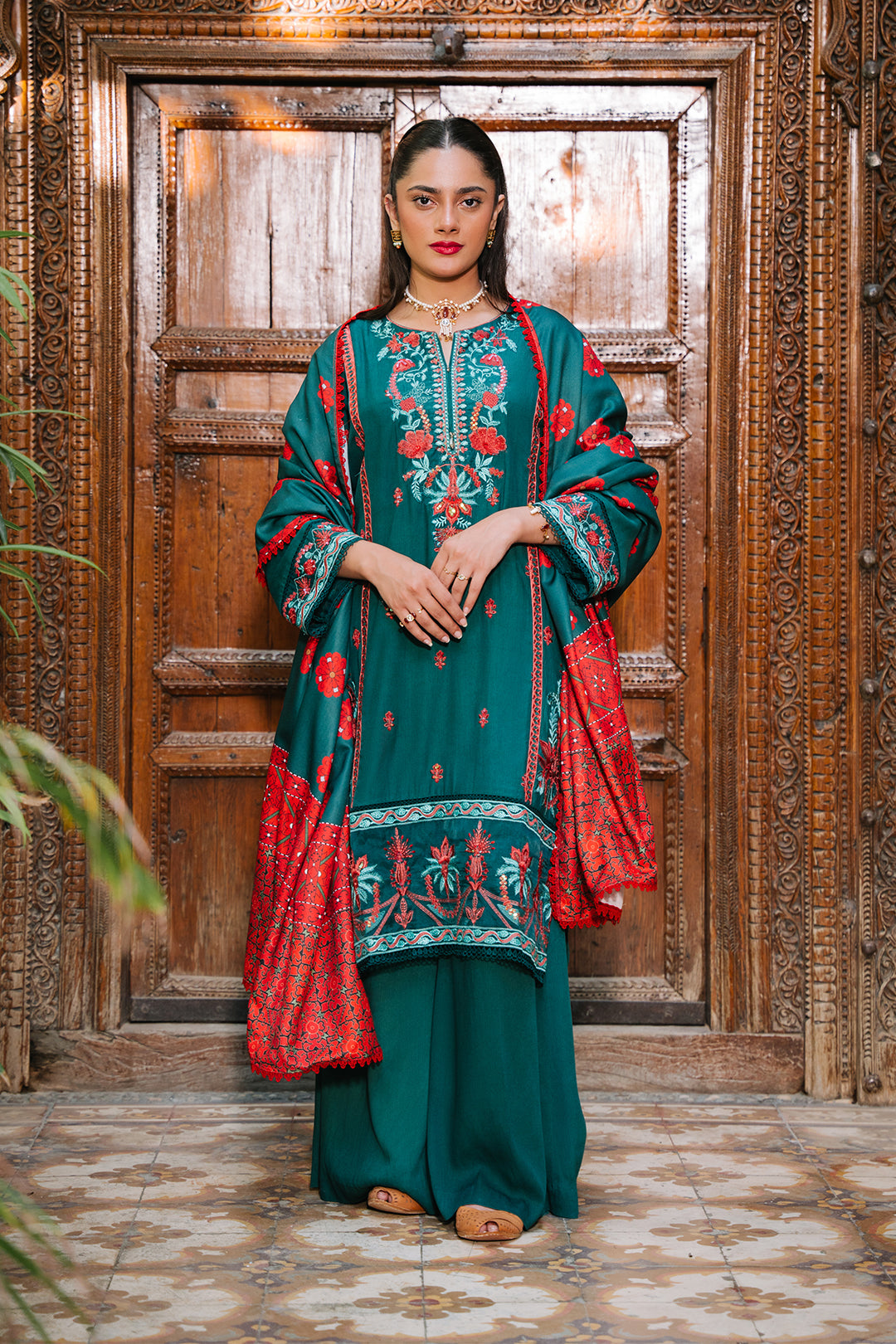 Zellbury teal green with red floral embroidery unstitched 3 piece suit WUW24E30243 image 2