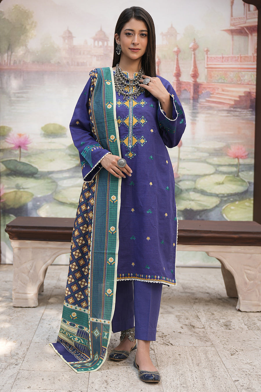 Zellbury purple with teal and mustard embroidery unstitched 3 piece suit WUW24E30406 image 1