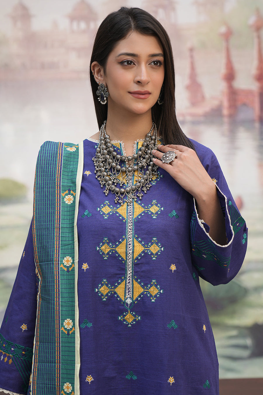 Zellbury purple with teal and mustard embroidery unstitched 3 piece suit WUW24E30406 image 2
