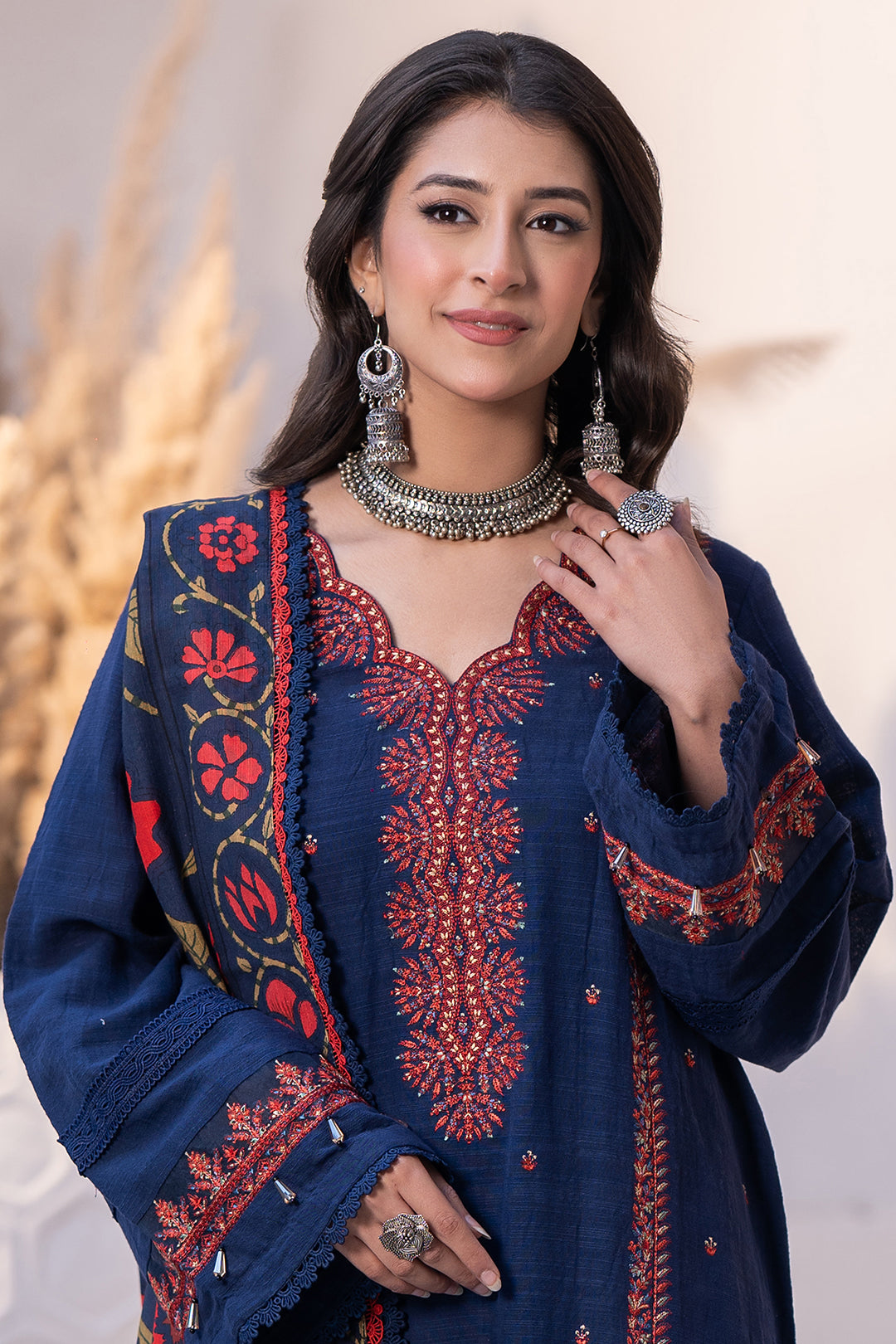 Zellbury navy blue with red embroidery and multicolour shawl unstitched suit WUW24E30417 image 1