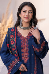 Zellbury navy blue with red embroidery and multicolour shawl unstitched suit WUW24E30417 image 1