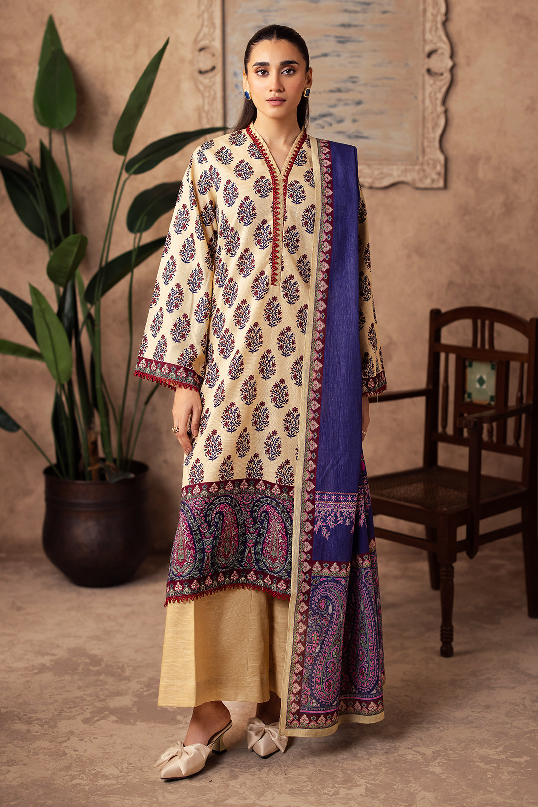 Zellbury cream with purple and maroon floral accents unstitched 3 piece suit WUW24X30195 image 1