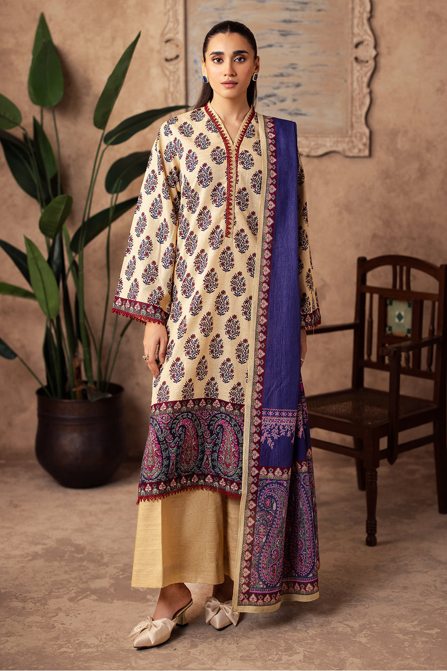 Zellbury cream with purple and maroon floral accents unstitched 3 piece suit WUW24X30195 image 1