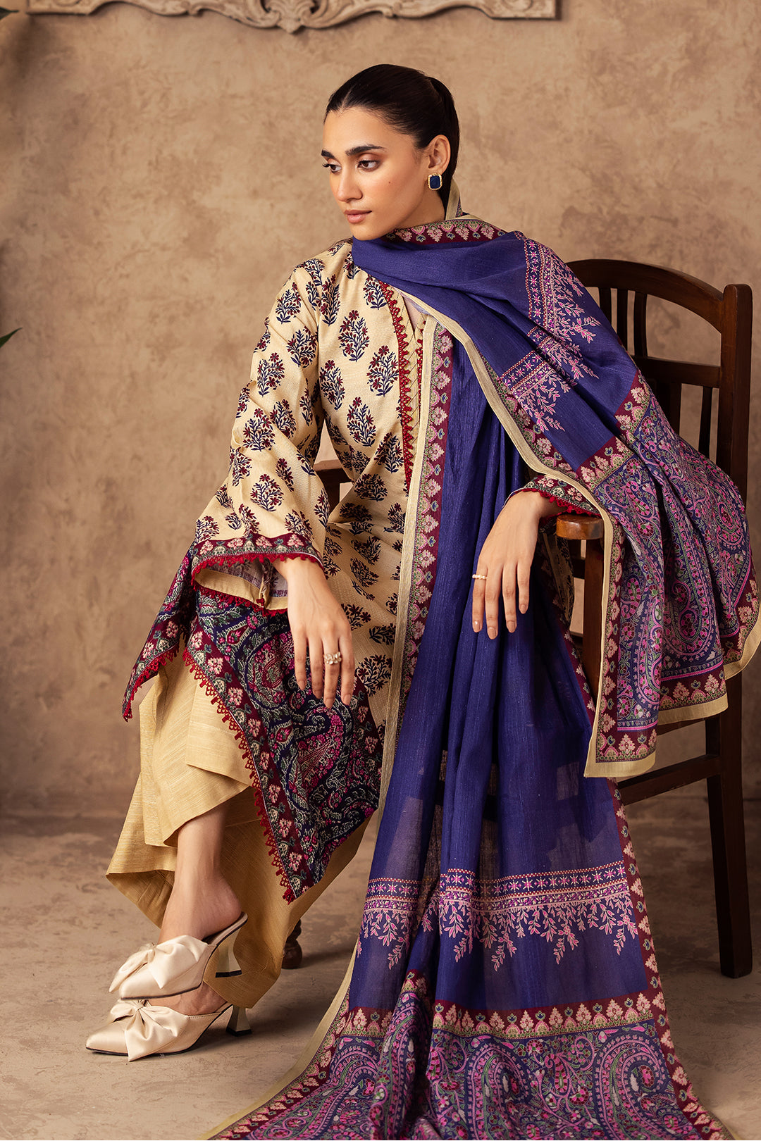 Zellbury cream with purple and maroon floral accents unstitched 3 piece suit WUW24X30195 image 2