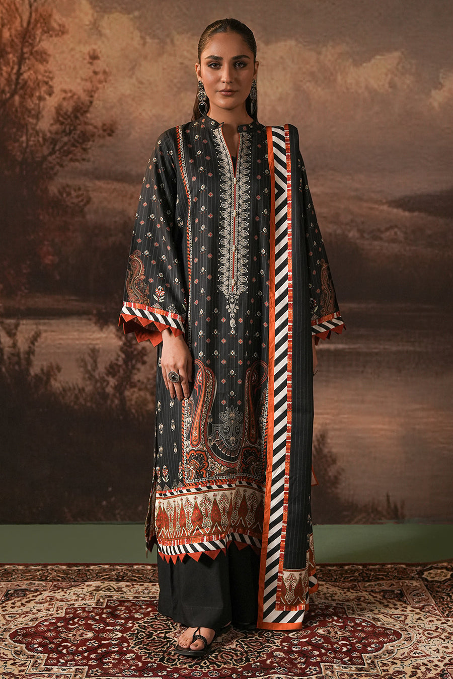 Zellbury black and rust printed Cotail 3 piece unstitched suit WUW24X30397, image 1