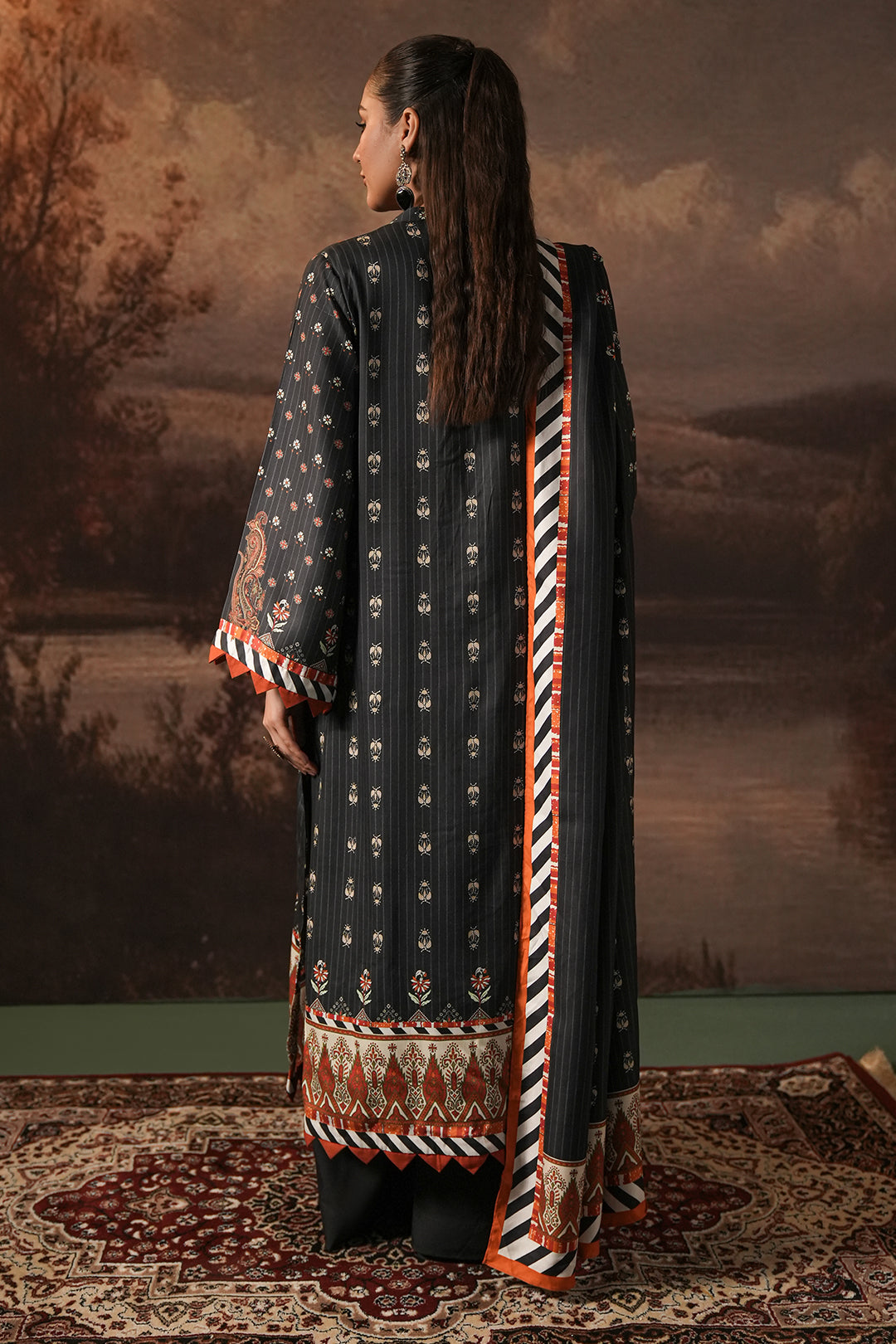 Zellbury black and rust printed Cotail 3 piece unstitched suit WUW24X30397, image 4