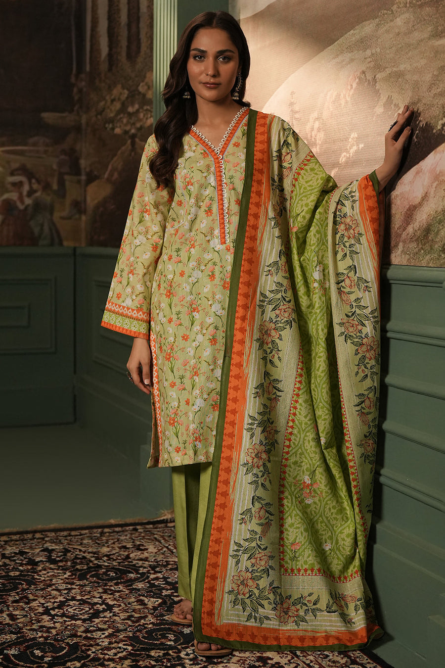 Zellbury olive green with orange floral accents unstitched 3 piece suit WUW24X30400 image 1