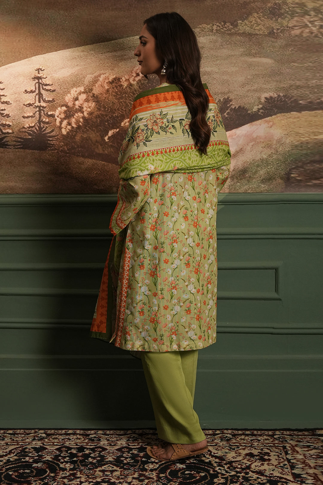 Zellbury olive green with orange floral accents unstitched 3 piece suit WUW24X30400 image 5