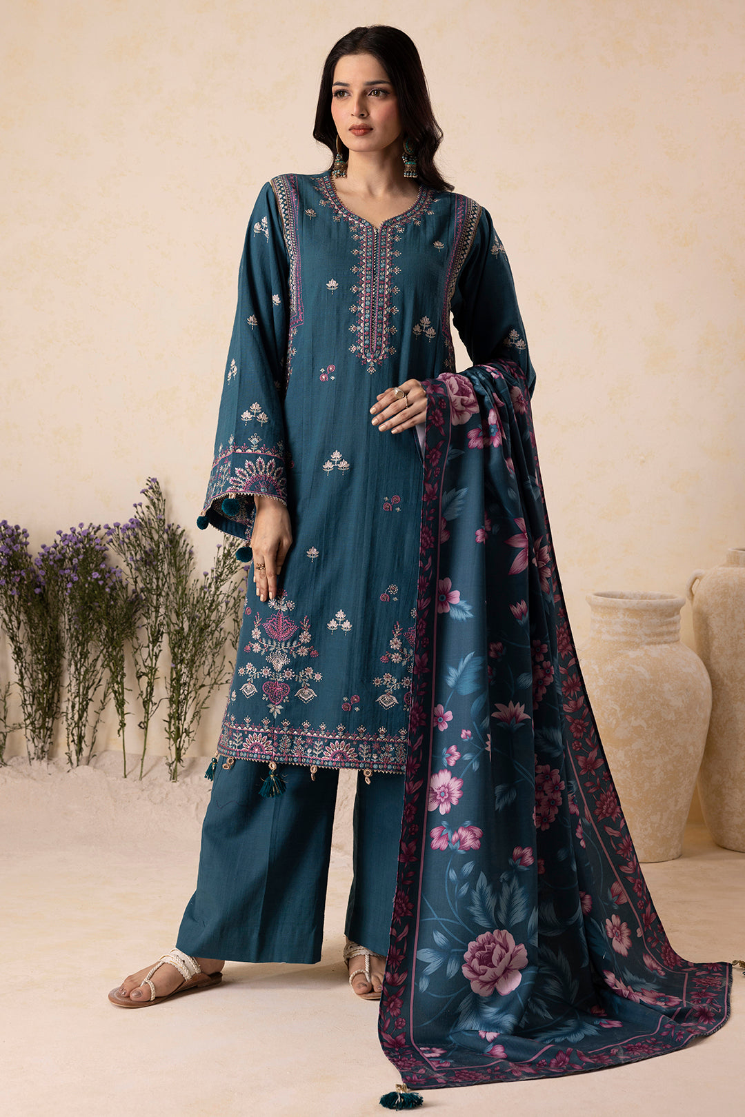 Zellbury teal green three piece Khaddar suit full look