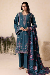 Zellbury teal green embroidered Khaddar unstitched suit with shawl