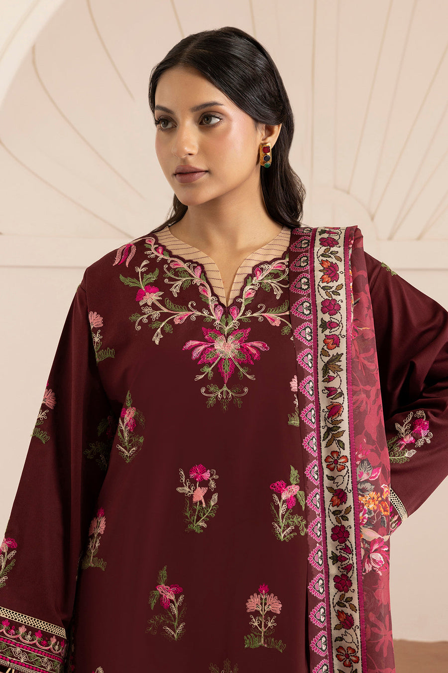 Zellbury maroon with pink and green floral embroidery unstitched suit WUW25E30269 image 1
