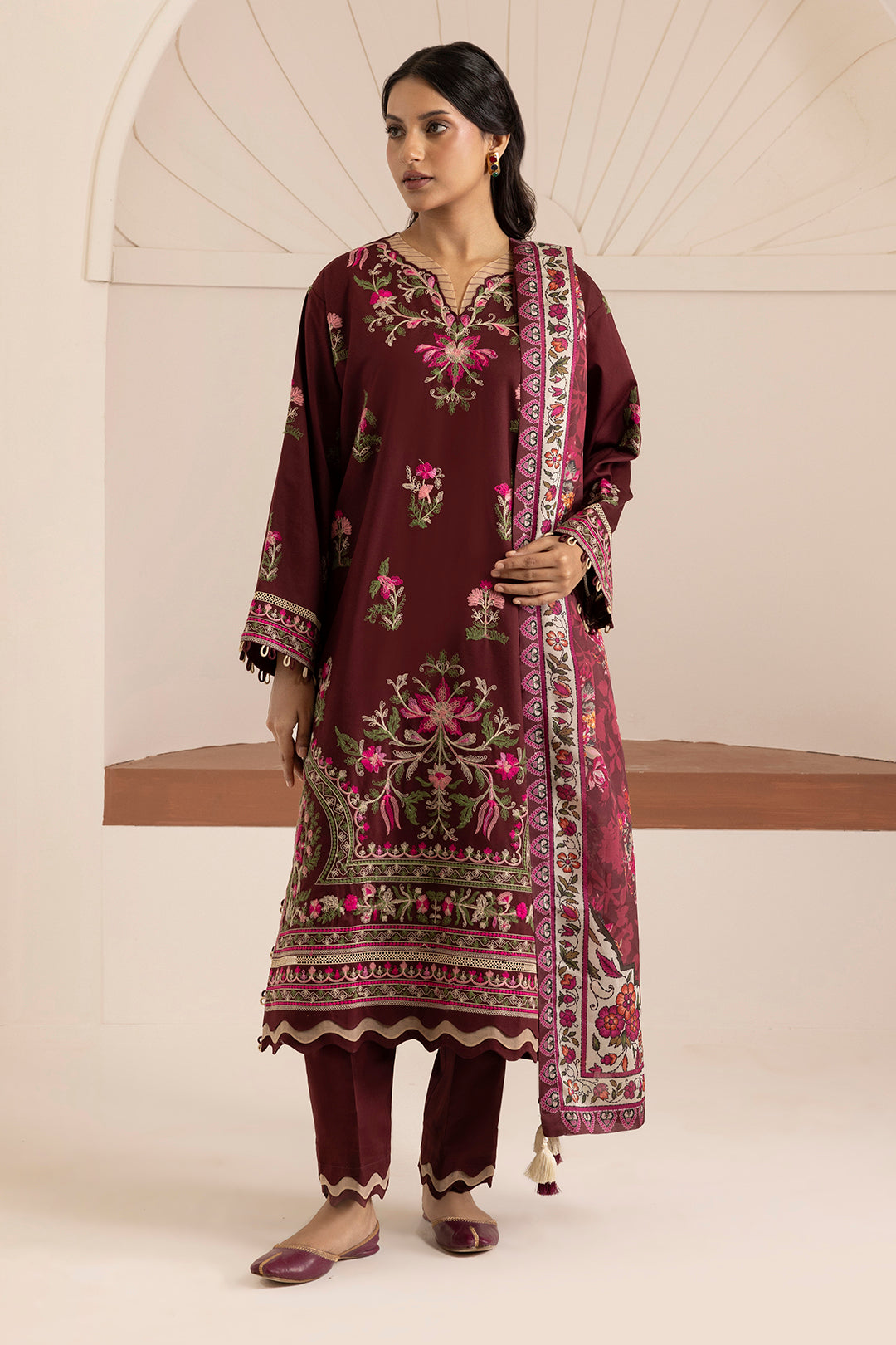Zellbury maroon with pink and green floral embroidery unstitched suit WUW25E30269 image 2